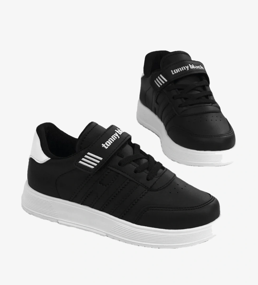 Tonny Black Çocuk Unisex Siyah Beyaz Cilt Rahat Kalıp Düz Hafif Tabanlı Sneaker