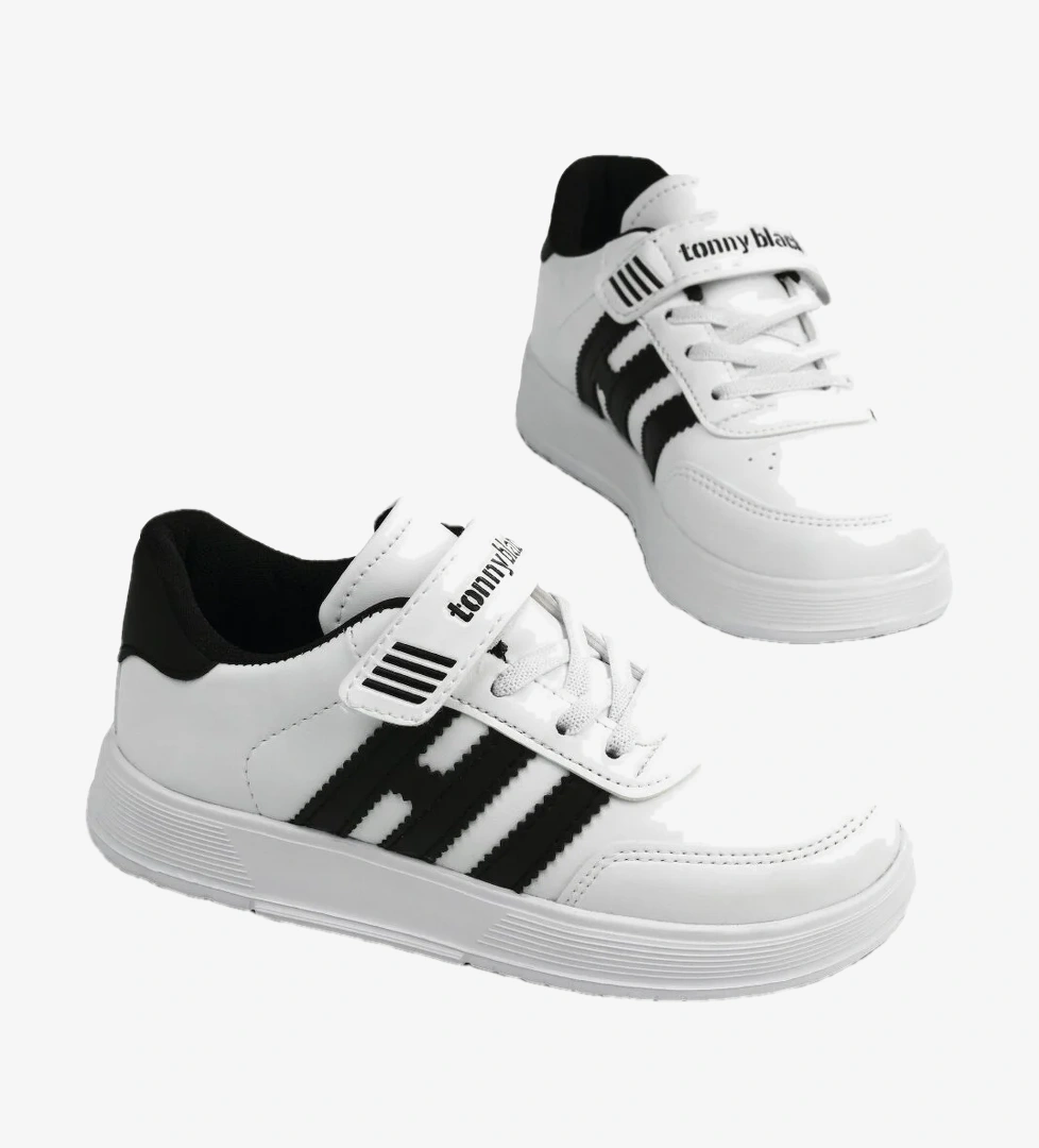 Tonny Black Çocuk Unisex Beyaz Siyah Rahat Kalıp Düz Hafif Tabanlı Sneaker