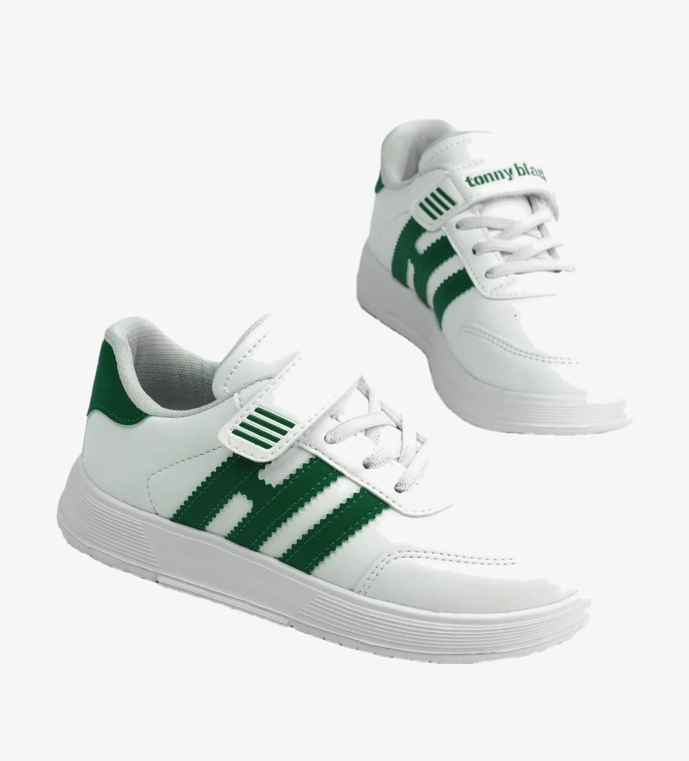 Tonny Black Çocuk Unisex Beyaz Yeşil Rahat Kalıp Düz Hafif Tabanlı Sneaker