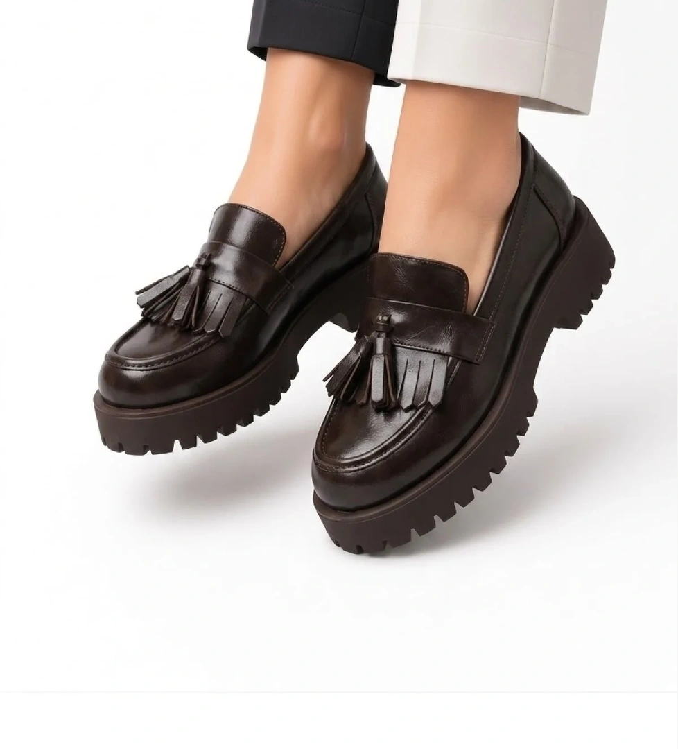 Mcdark Kadın Püsküllü Casual Loafer Ayakkabı-KAHVE RUGAN
