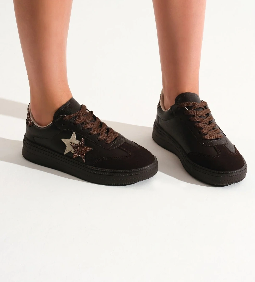 Tonny Black Kadın Kahve Rahat Kalıp Yarım Yıldız Desenli Sneaker
