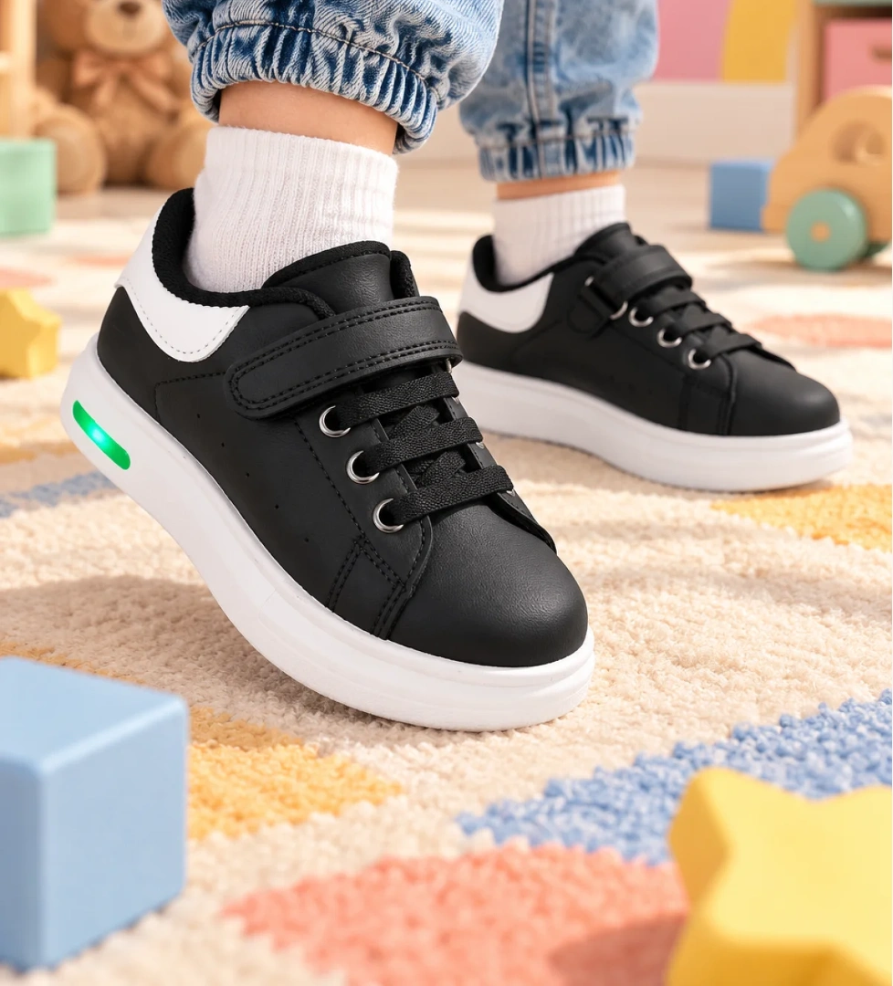 Tonny Black Çocuk Unisex Siyah Beyaz Bağcıklı Rahat Işıklı Ayakkabı