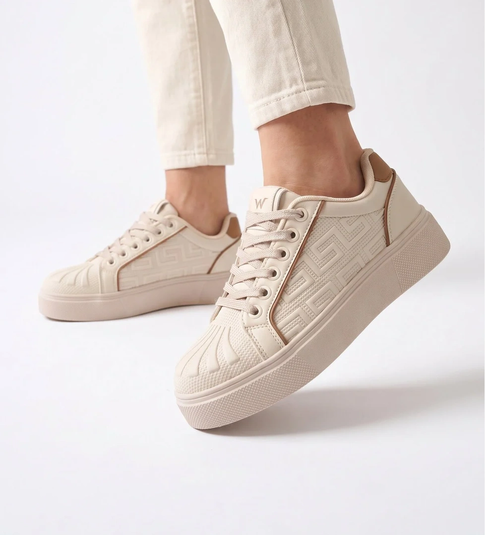 Walkway Bej Bağcıklı Kalın Rahat Tabanlı Kadın Casual Yürüyüş Ayakkabı Sneaker 26201