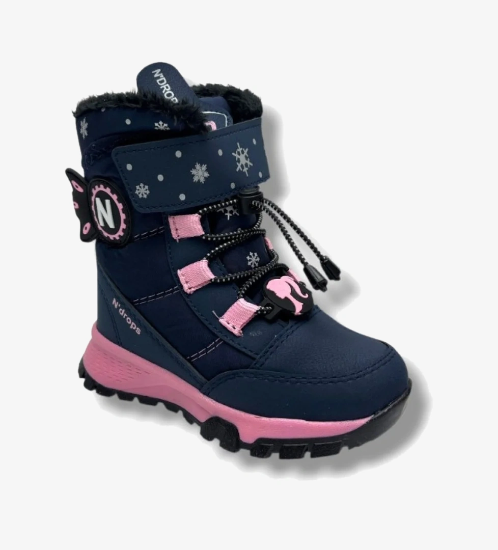 Ndrops 014-26 Deri Kürklü Paraşüt Kumaş Kız Çocuk Bot Lacivert Pembe 26-30