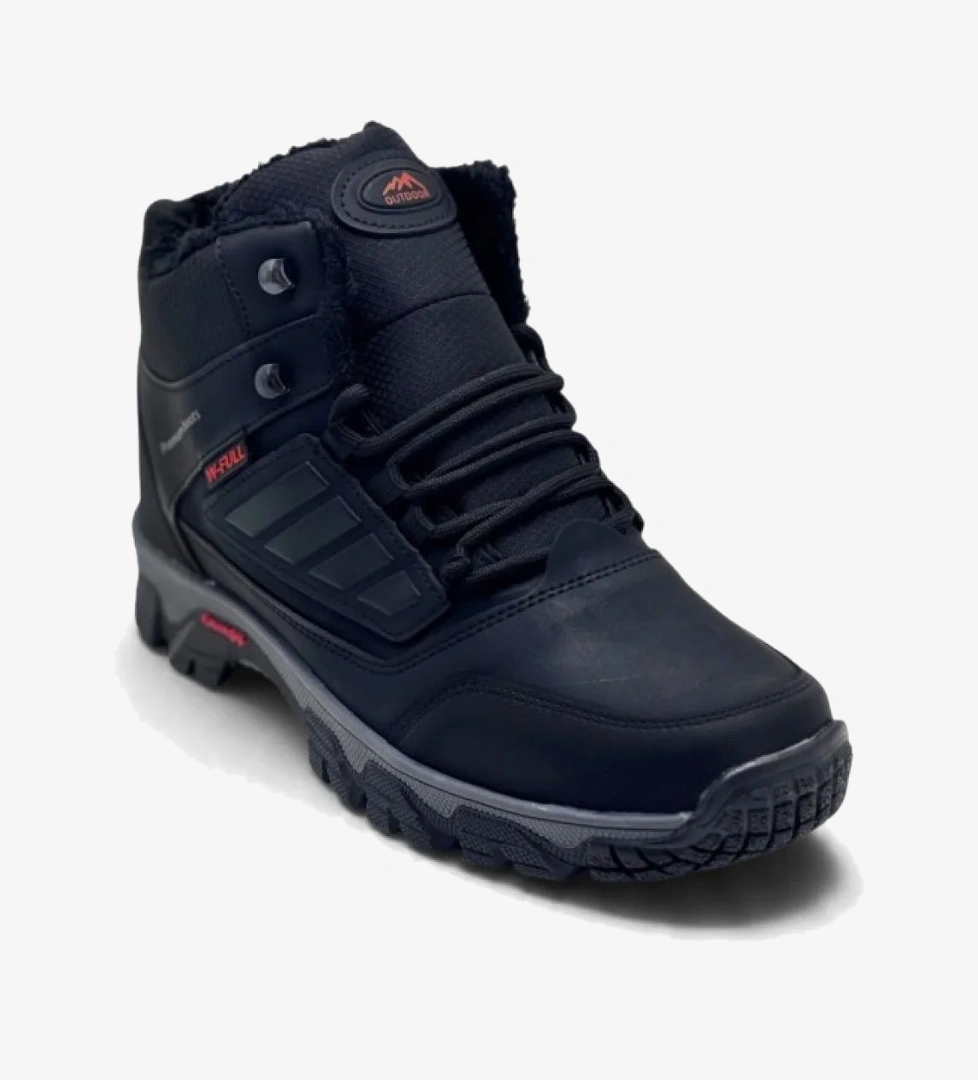 WANDERFULL 3022-27 Deri Bağcıklı Fermuarlı İçi Kürklü Outdoor Erkek Bot Siyah Kırmızı 45-47