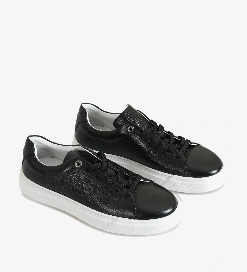 Siyah Deri Bağcıklı Erkek Sneaker