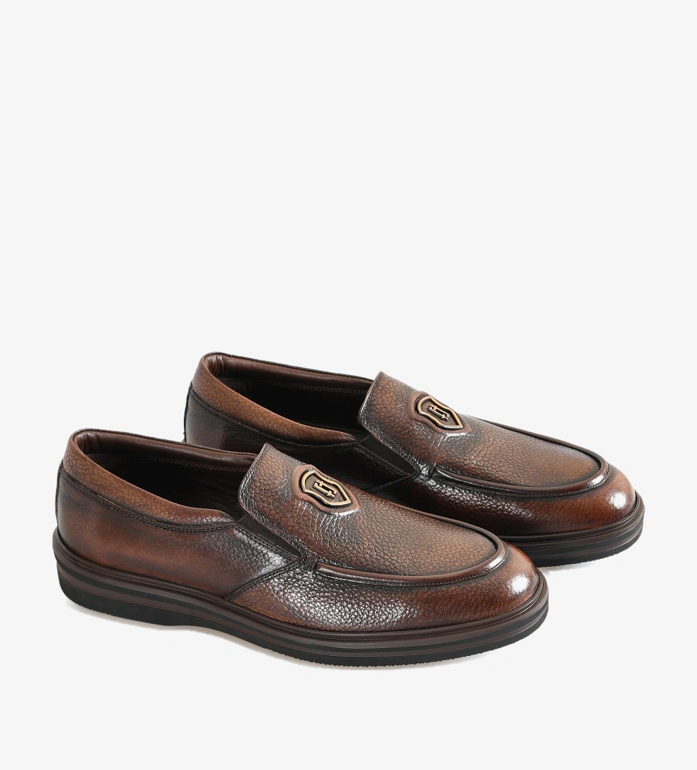 Kahve Deri Logo Detaylı Erkek Loafer