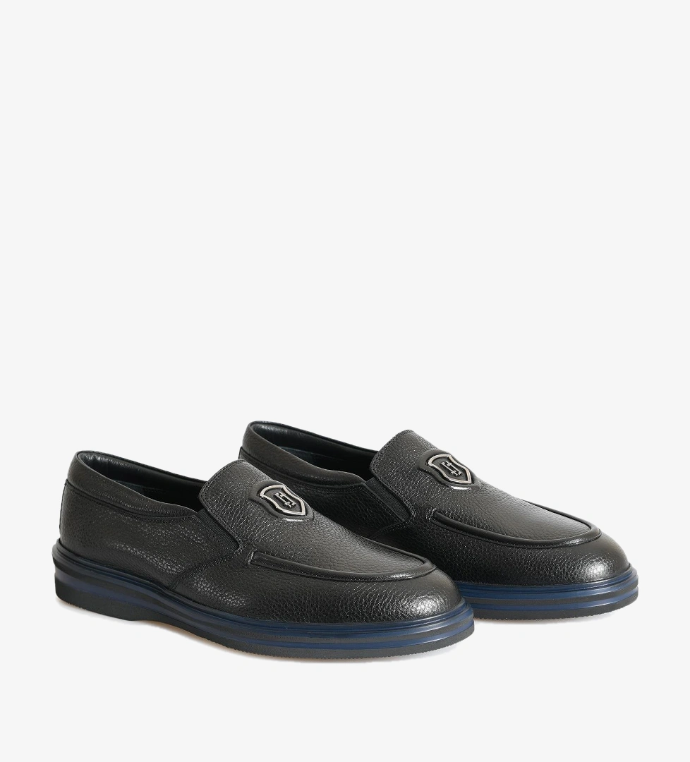 Siyah Deri Logo Detaylı Erkek Loafer