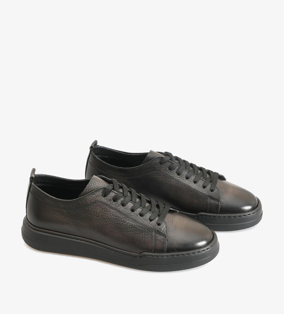 Siyah Deri Erkek Bağcıklı Sneaker