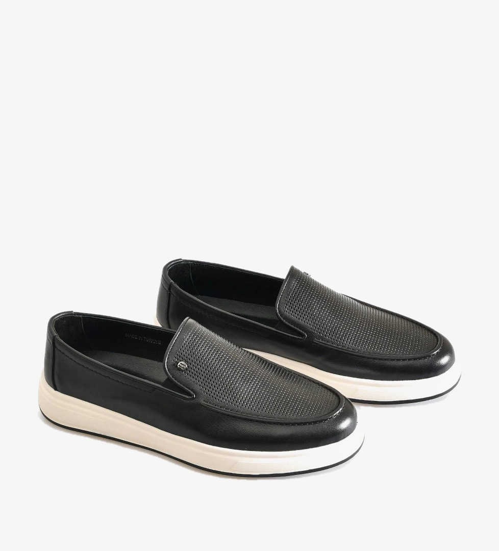 Siyah Deri Düz Erkek Loafer