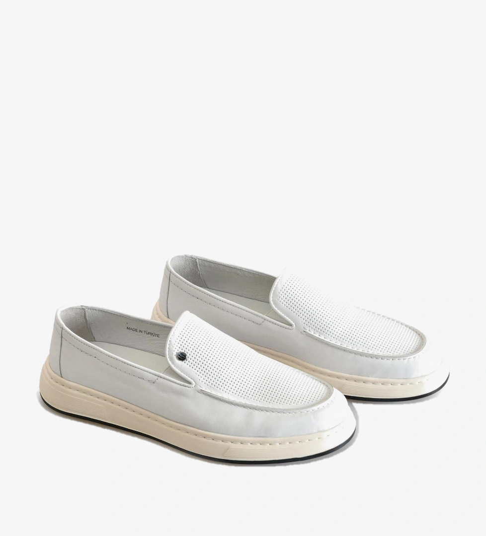 Beyaz Deri Düz Erkek Loafer