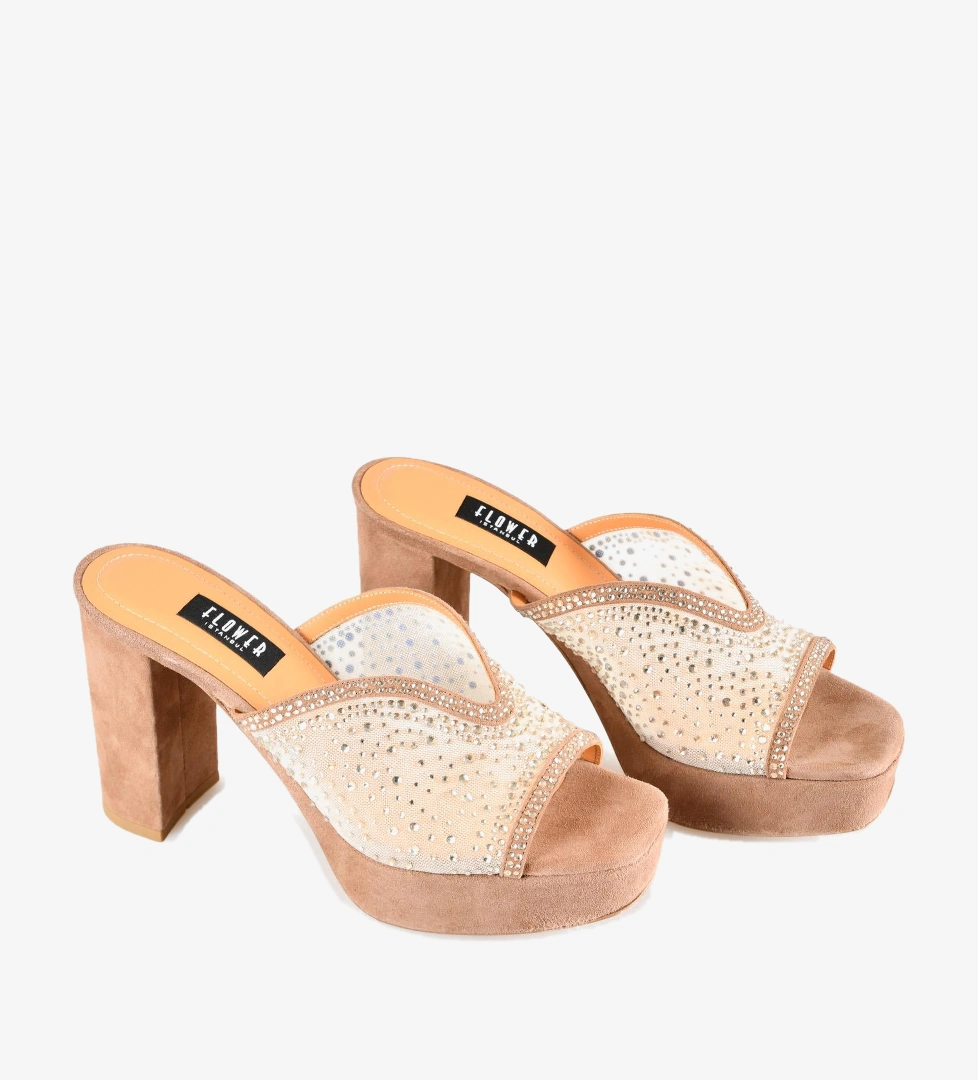 Flower Vizon Süet Platformlu Kadın Abiye Terlik