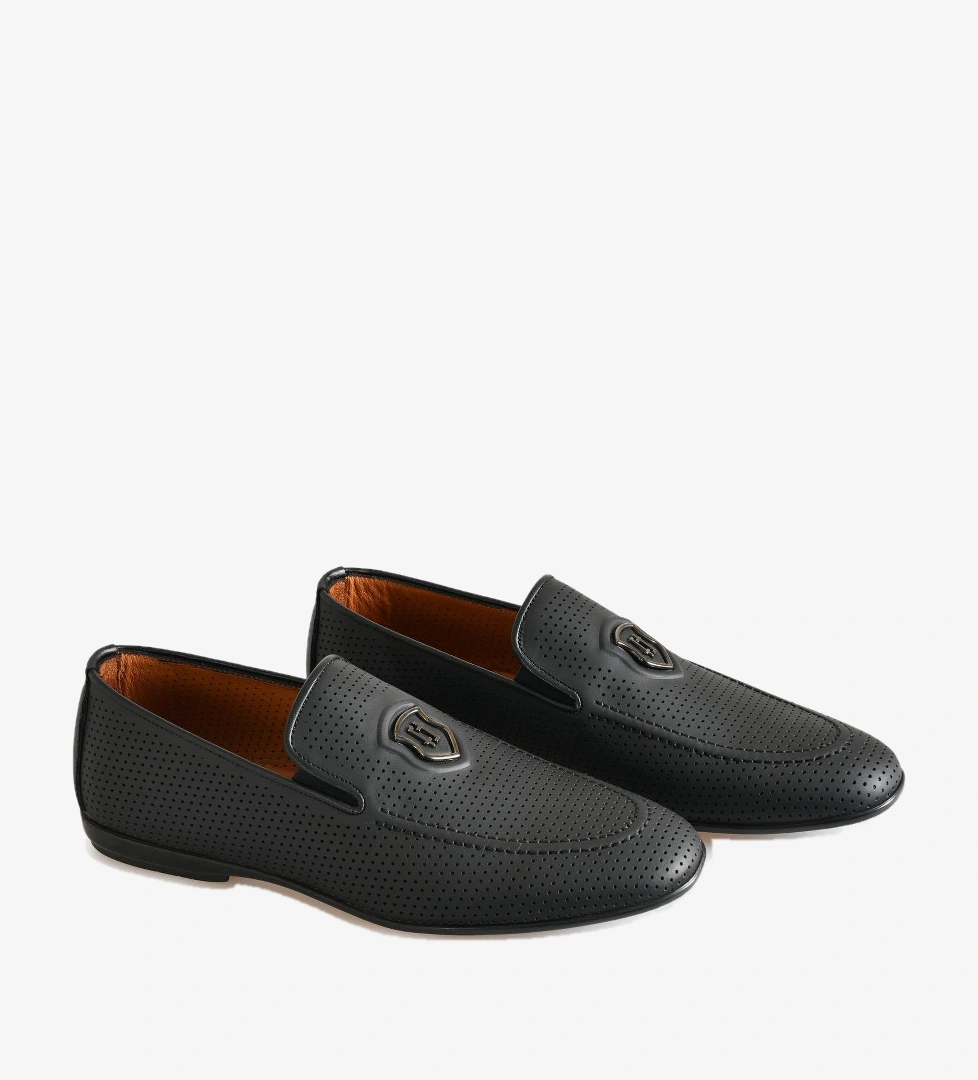 Siyah Deri Logolu Erkek Loafer