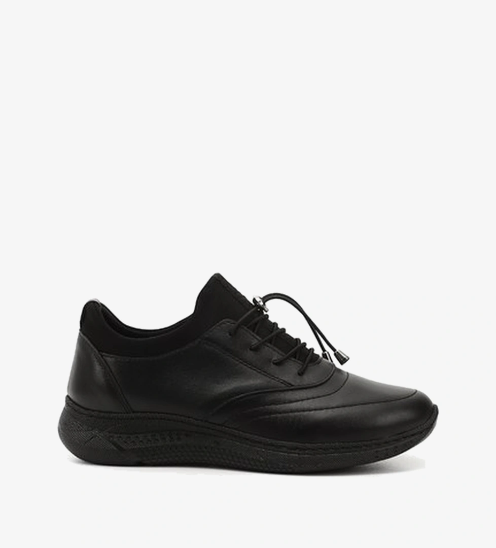 Kadın Siyah Bağcıklı Dolgu Taban Hakiki Deri Sneaker