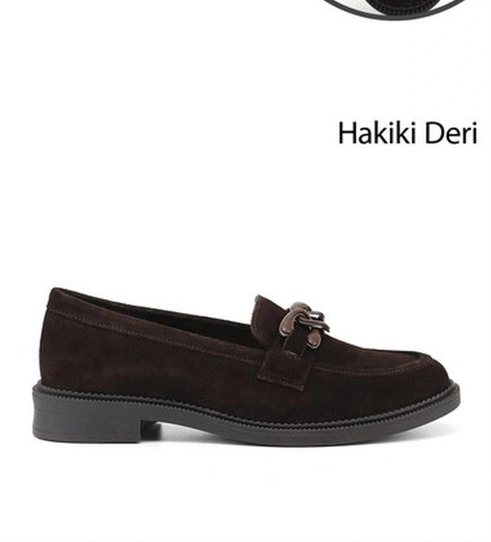 Kadın Kahve Süet Tokalı Hakiki Deri Loafer Ayakkabı