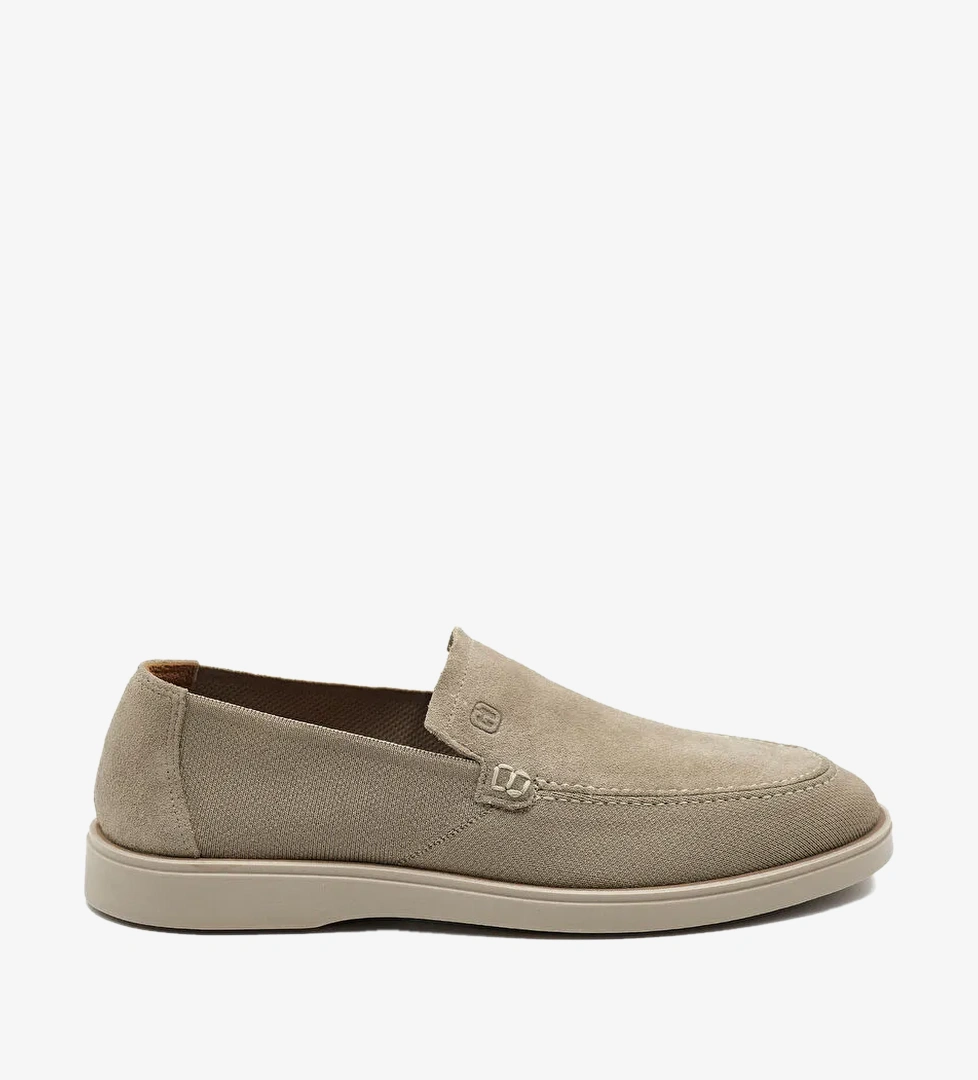 Erkek Bej Hakiki Deri Süet Loafer Ayakkabı