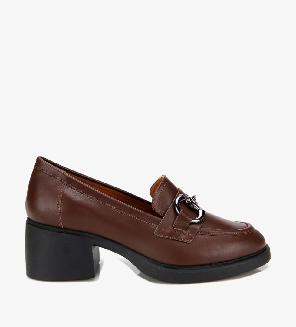 Kadın Deri Kahverengi Tokalı Yüksek Topuklu Klasik Loafer