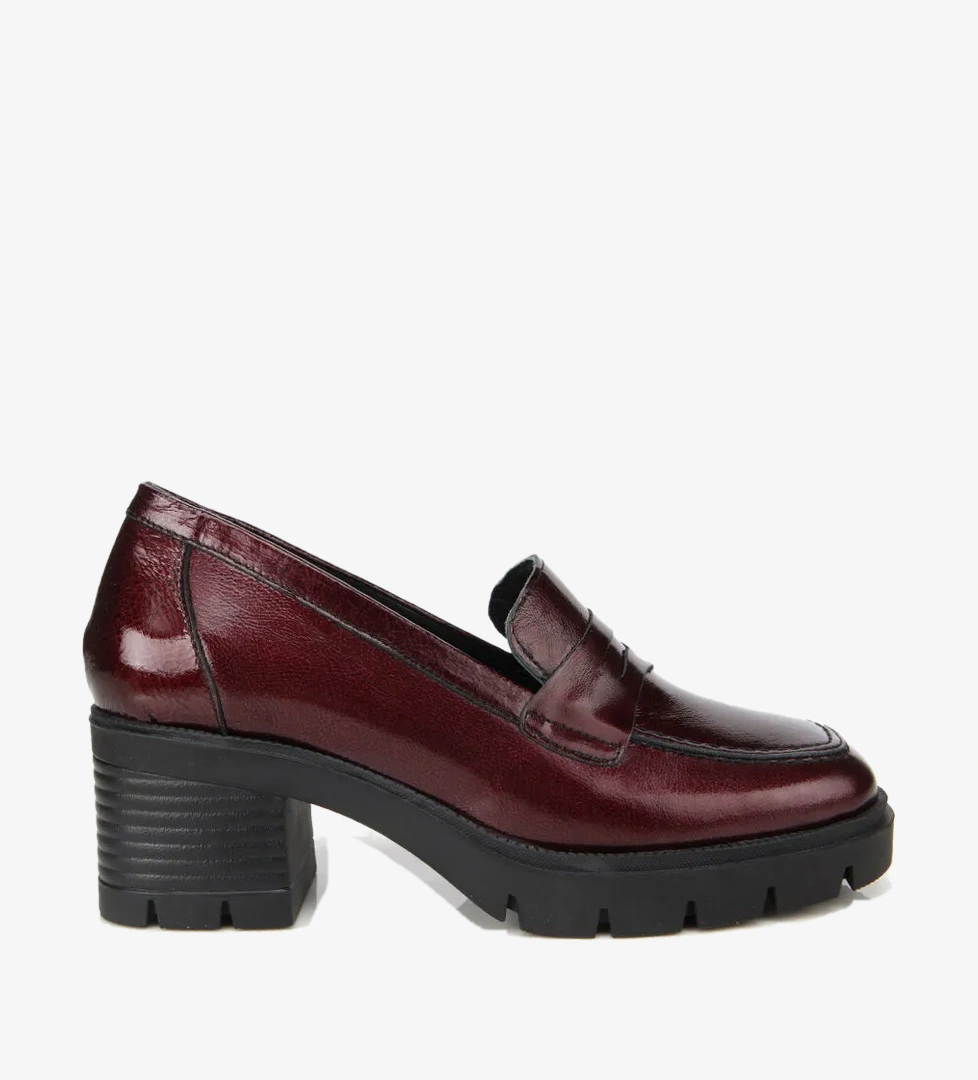 Kadın Rugan Deri Bordo Topuklu Klasik Loafer