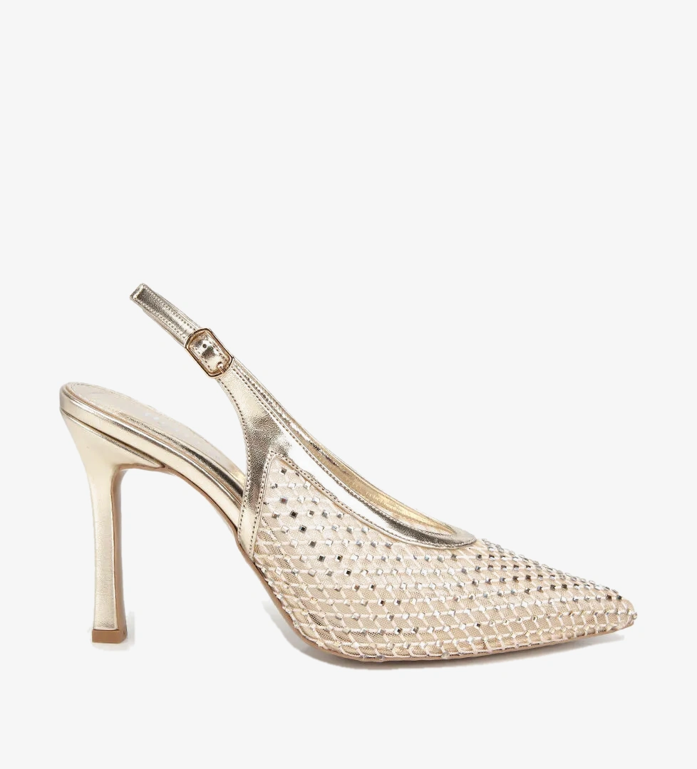 Kadın Gold Taş Detaylı Arkası Açık Stiletto