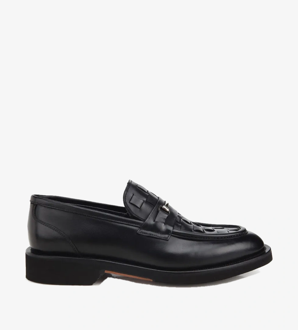 Erkek Deri Siyah Örme Metal Detaylı Klasik Loafer