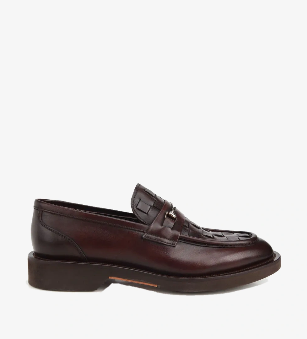 Erkek Deri Kahverengi Örme Metal Detaylı Klasik Loafer