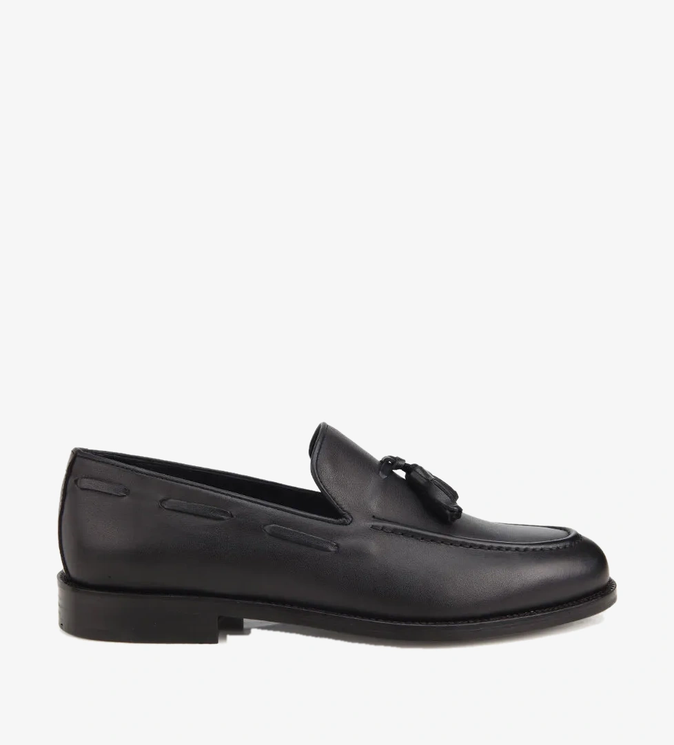 Erkek Deri Siyah Püskül Detaylı Klasik Loafer