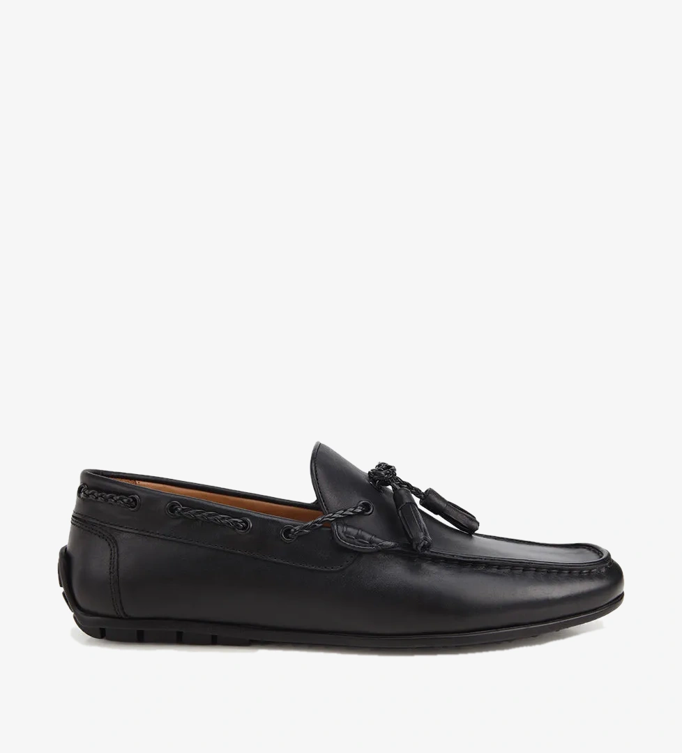 Erkek Deri Siyah Püskül Dikiş Detaylı Klasik Loafer
