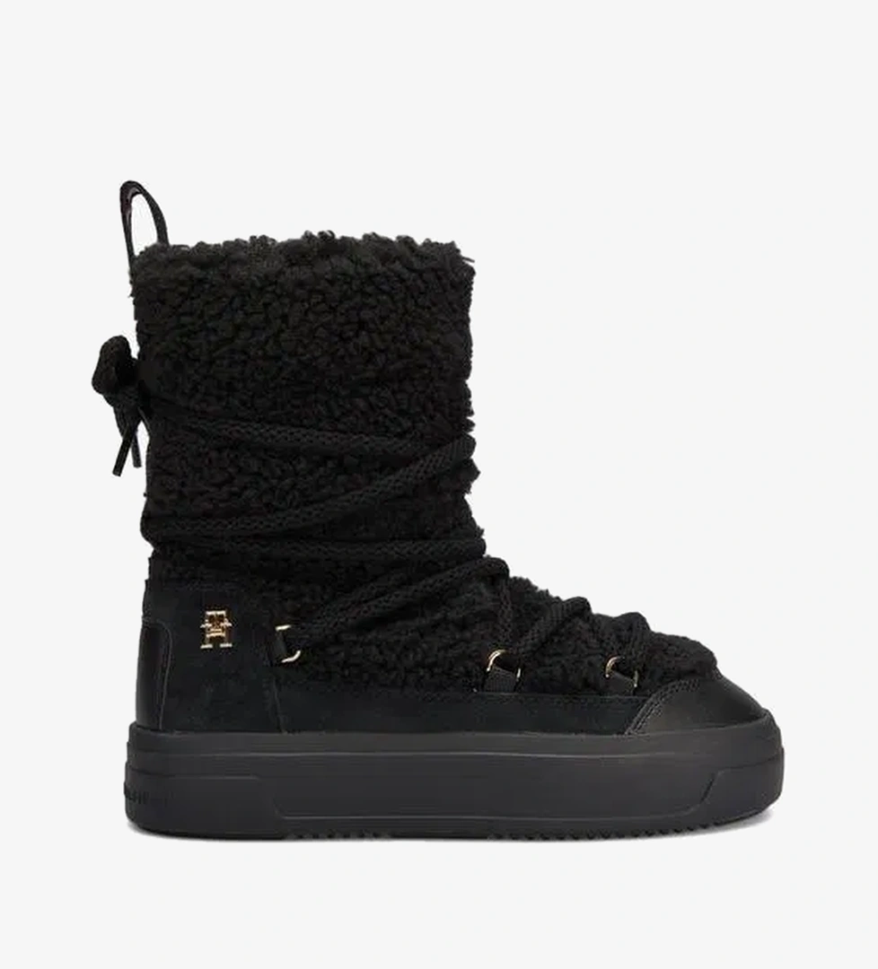 Tommy Hilfiger Lace-Up Faux Shearling Kadın Siyah Bot