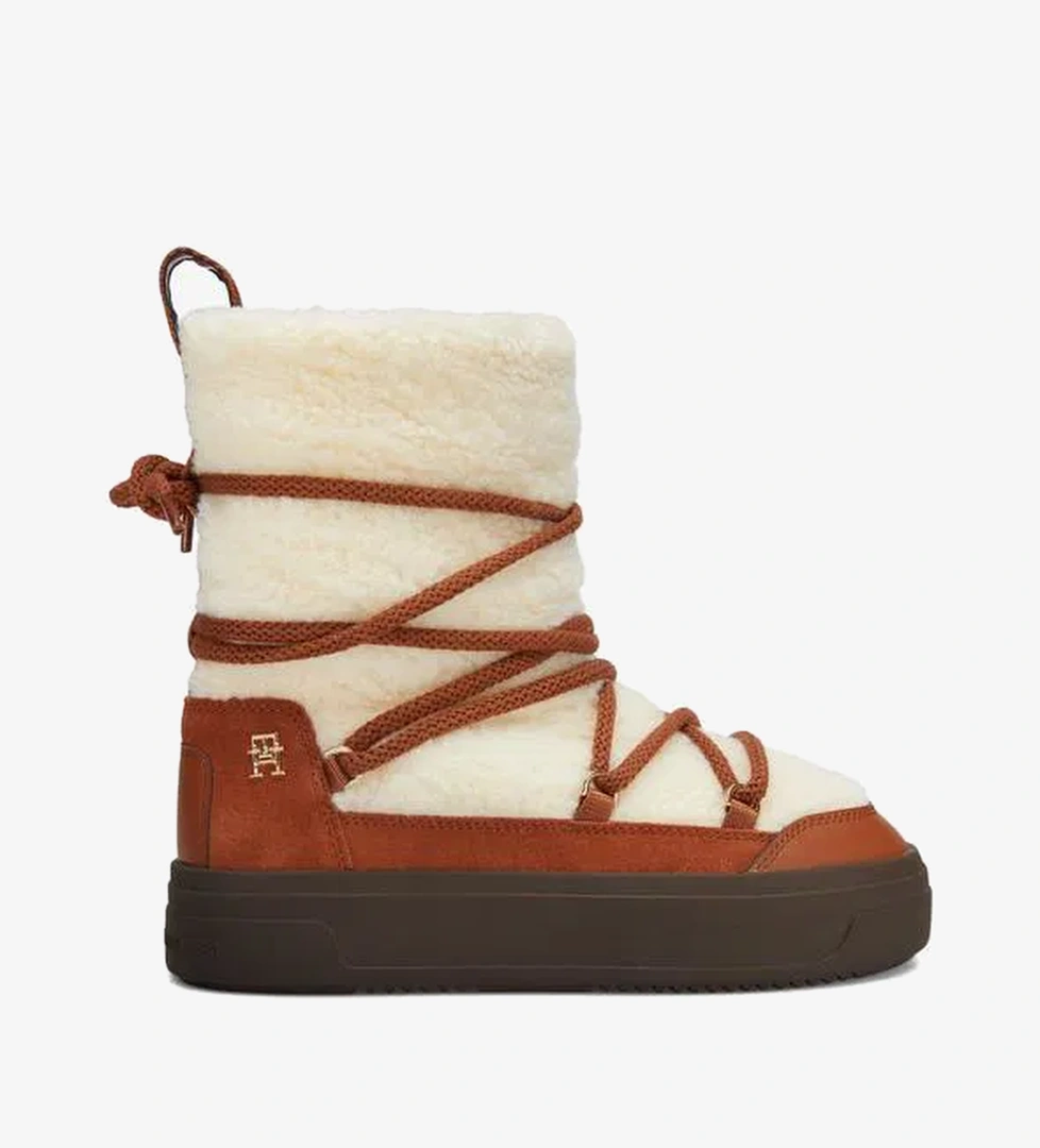 Tommy Hilfiger Lace-Up Faux Shearling Kadın Kahverengi Kar Botu