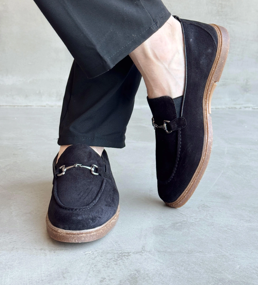 Erkek Ketench Özel Üretim Klasik Model %100 Deri Süet Toka Detaylı Loafer Ayakkabı-Siyah(E1684)