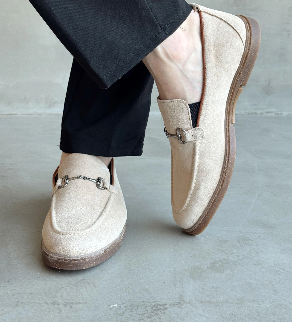 Erkek Ketench Özel Üretim Klasik Model %100 Deri Süet Toka Detaylı Loafer Ayakkabı-Bej(E1684)