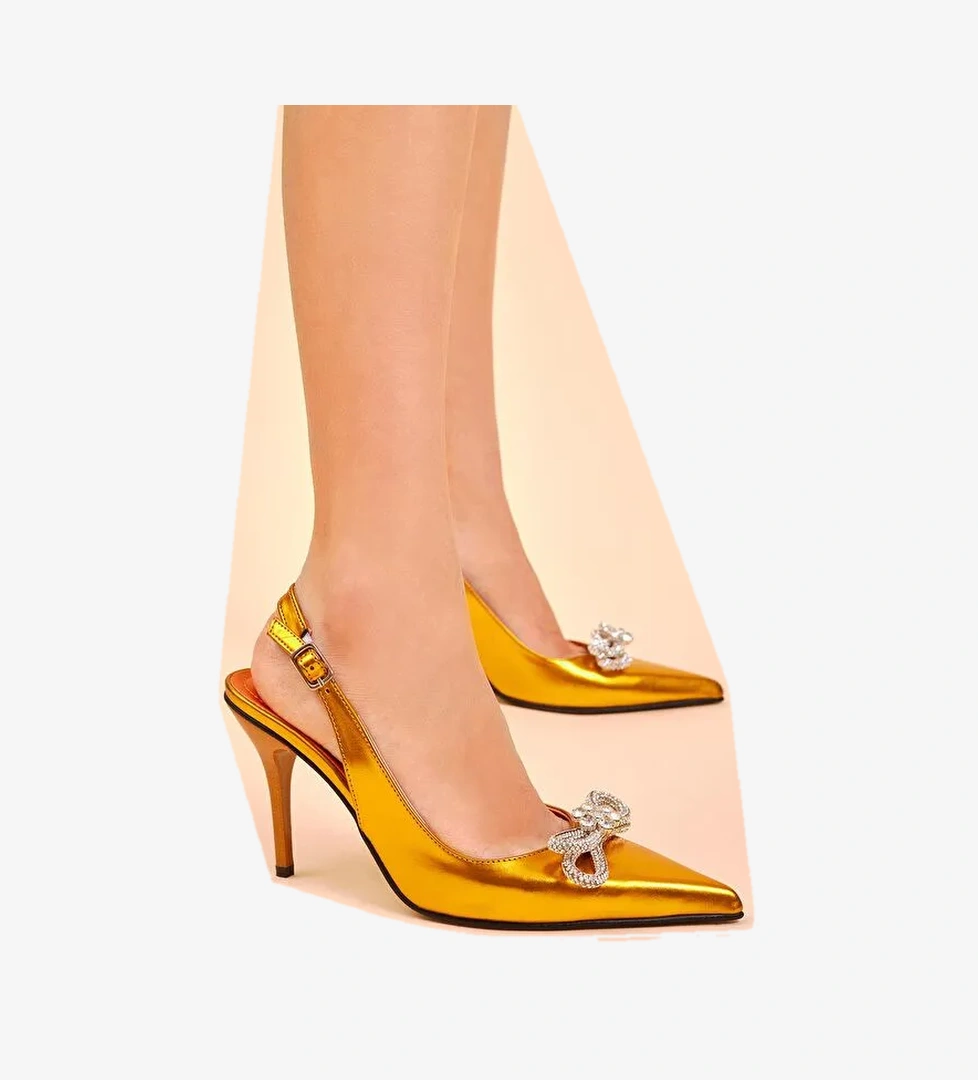 Kadın Oranj Gecce Serisi Taş İşlemeli Fiyonklu Sivri Burunlu Topuklu Ayakkabı - Görsel 1