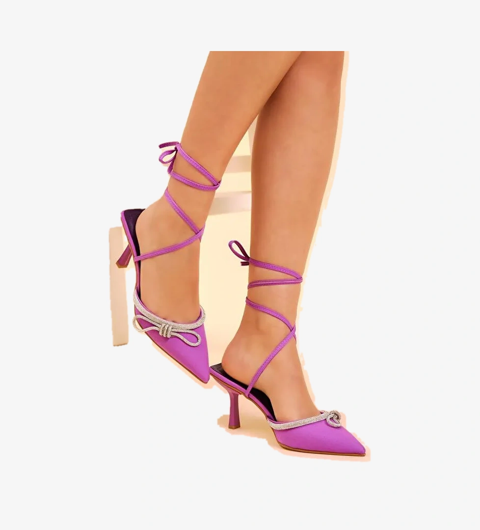 Kadın Mor Gecce Serisi Taş İşlemeli Fiyonklu Sivri Burunlu Topuklu Ayakkabı - Görsel 1