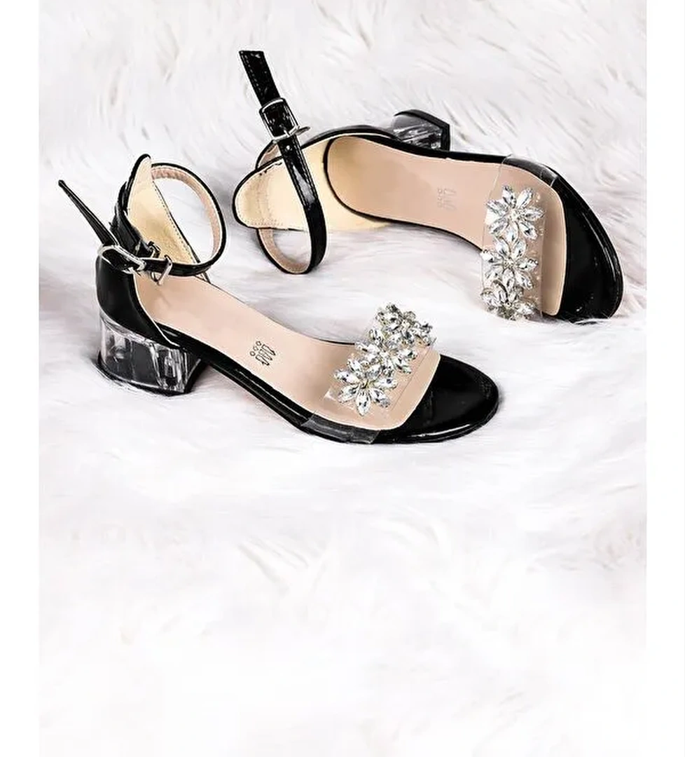 Yangu Rugan Taşlı Kız Çocuk 3 Cm Şeffaf Topuklu Sandalet Abiye Ayakkabı