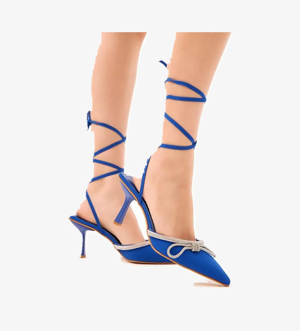 Kadın Mavi Gecce Serisi Taş İşlemeli Fiyonklu Sivri Burunlu Topuklu Ayakkabı - Görsel 1