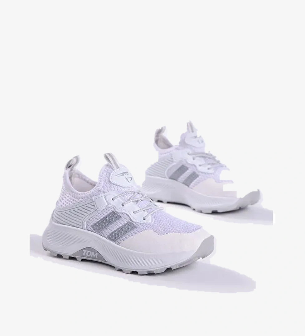 Çocuk Unisex Beyaz Gümüş Rahat Kalıp Nefes Alabilen Kumaş Bağcıklı Sneaker - Görsel 1