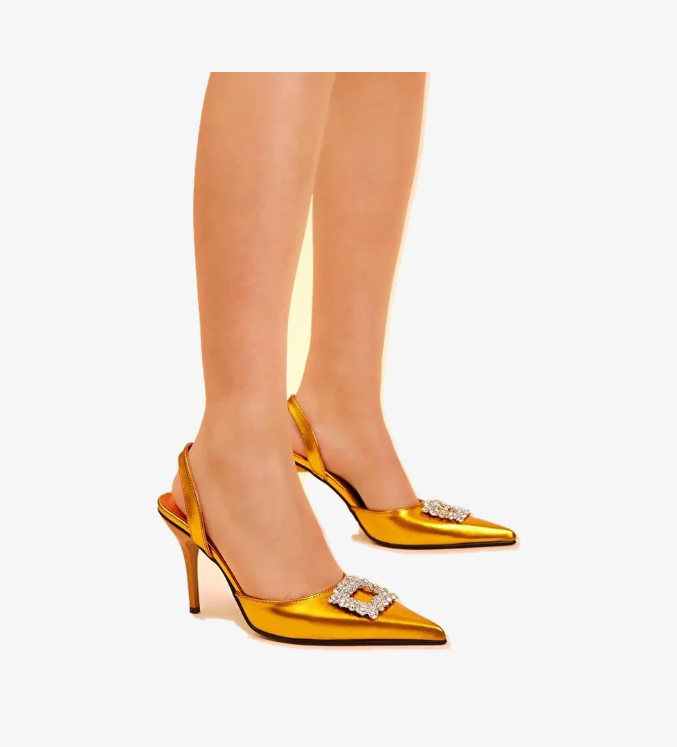 Kadın Oranj Gecce Serisi Önü Tokalı Sivri Burunlu Topuklu Ayakkabı - Görsel 1