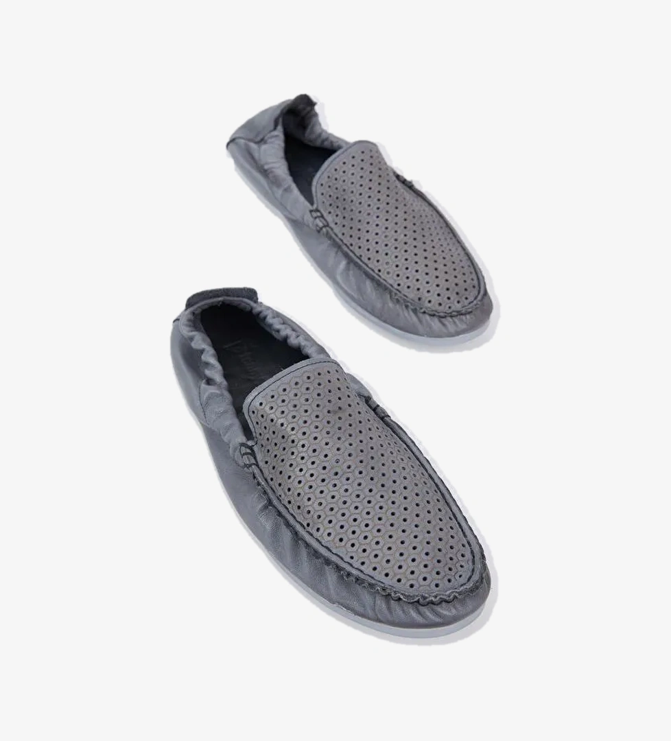 Erkek Gri Arkası Lastikli Hakiki Deri Loafer - Görsel 1