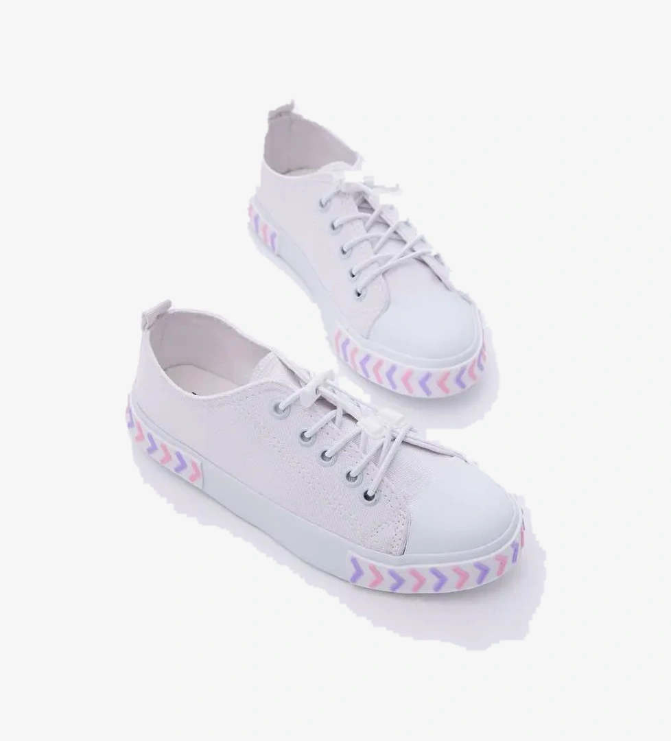 Çocuk Unisex Beyaz Pudra Rahat Kalıp Ok Detaylı Lastik Bağcıklı Kumaş Spor Ayakkabı - Görsel 1
