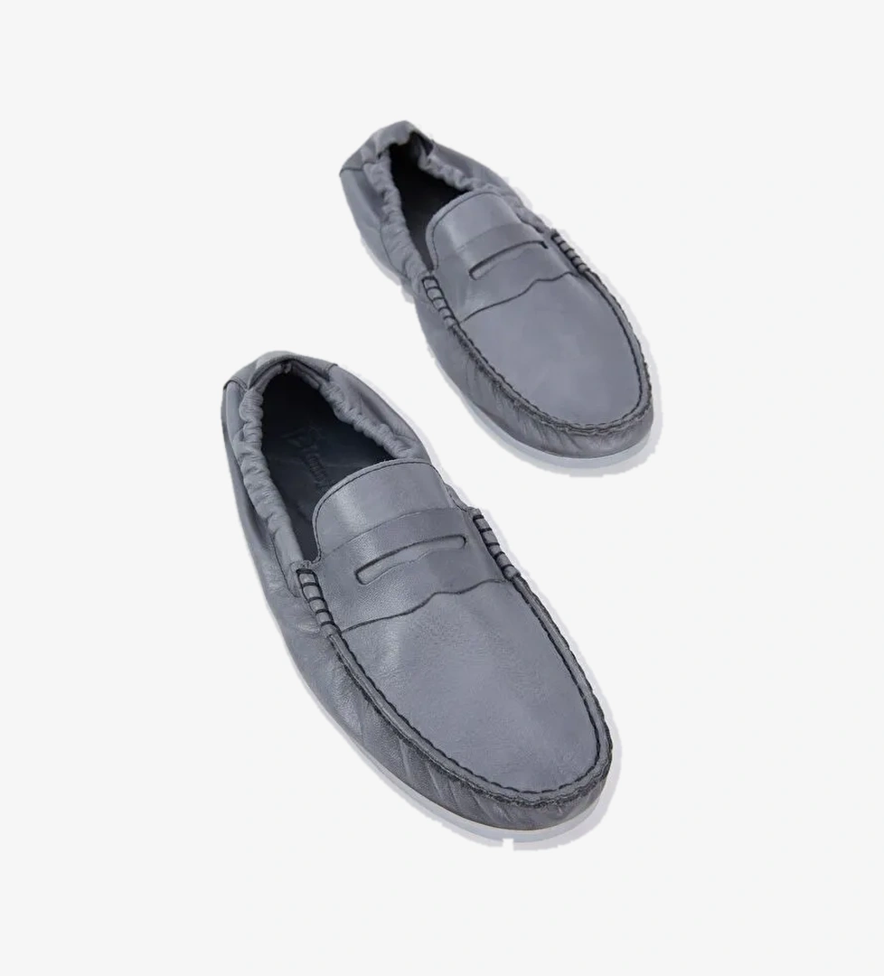 Erkek Gri Arkası Lastikli Rahat Kalıp Hakiki Deri Loafer - Görsel 1