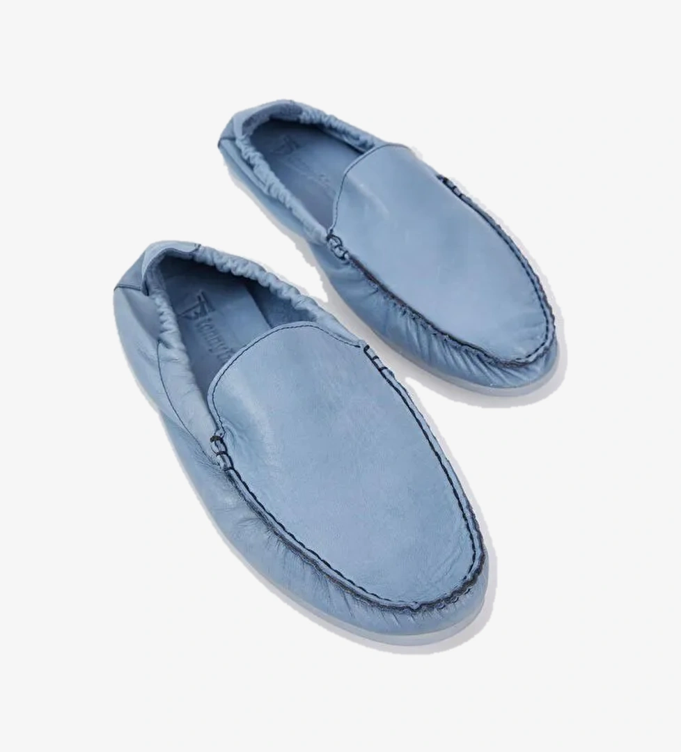 Erkek Mavi Arkası Lastikli Rahat Kalıp Hakiki Deri Loafer - Görsel 1