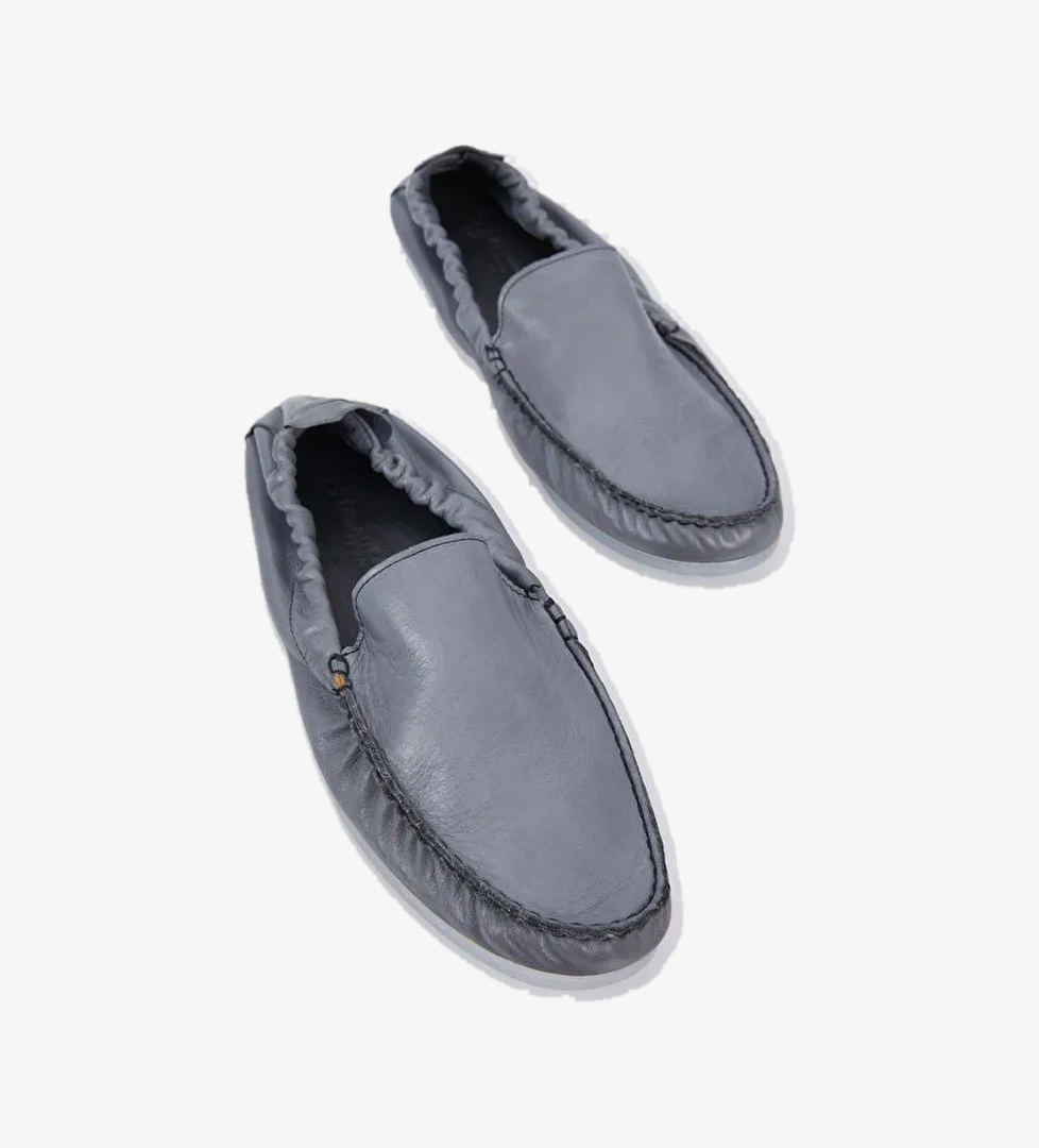 Erkek Gri Arkası Lastikli Rahat Kalıp Hakiki Deri Loafer - Görsel 1