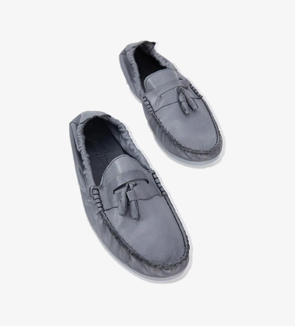 Erkek Gri Önü Püsküllü Arkası Lastikli Rahat Kalıp Hakiki Deri Loafer - Görsel 1