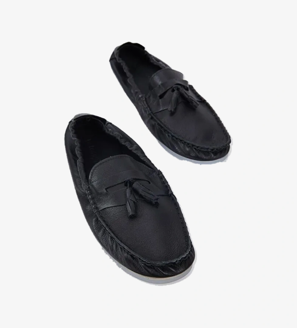 Erkek Siyah Önü Püsküllü Arkası Lastikli Rahat Kalıp Hakiki Deri Loafer - Görsel 1