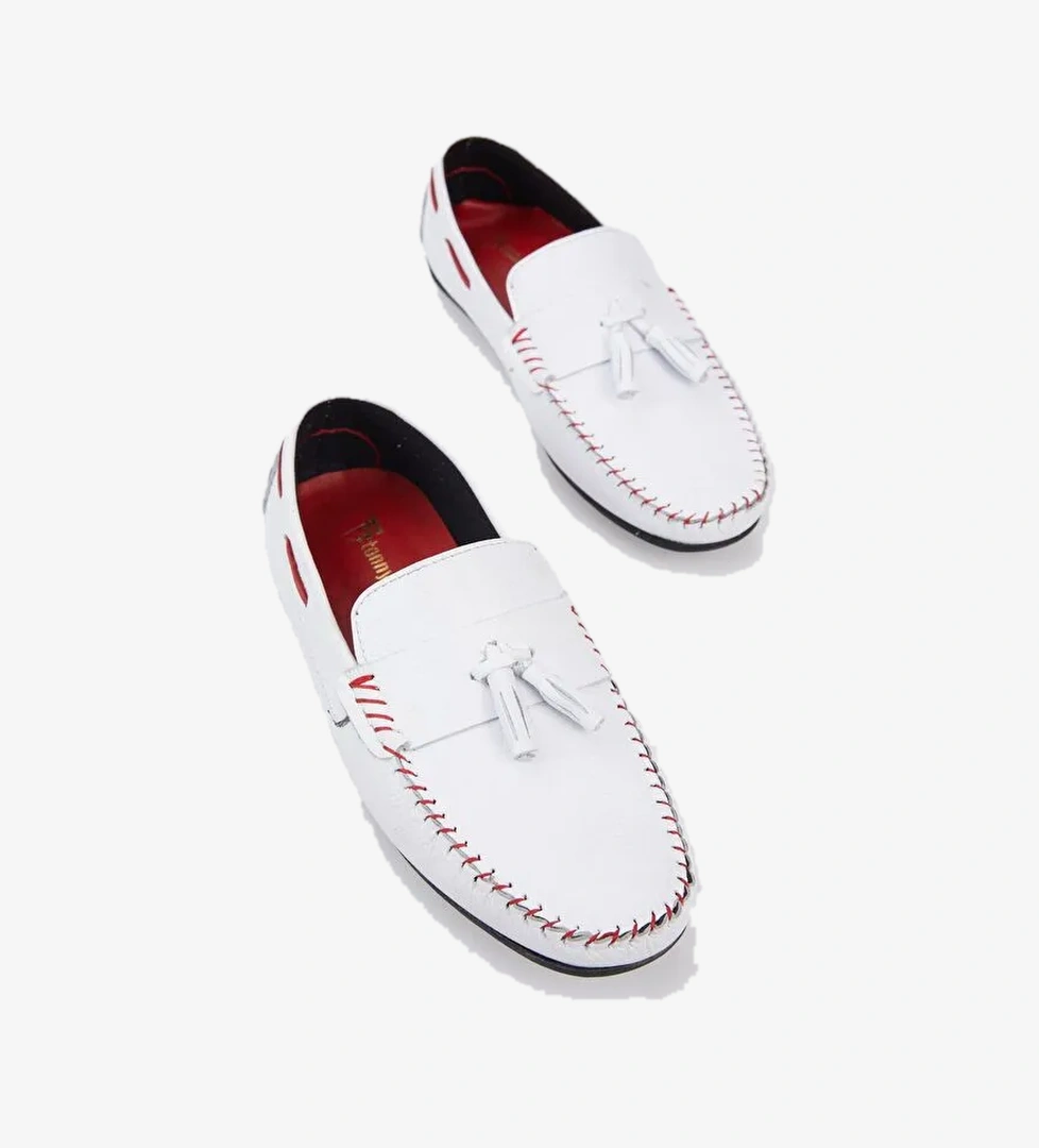 Erkek Beyaz Önü Püskül Detaylı Rahat Kalıp Hakiki Deri Loafer - Görsel 1