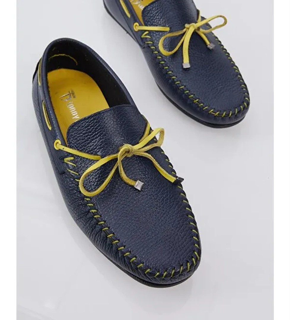 Erkek Lacivert İp Detaylı Rahat Kalıp Hakiki Deri Loafer - Görsel 1