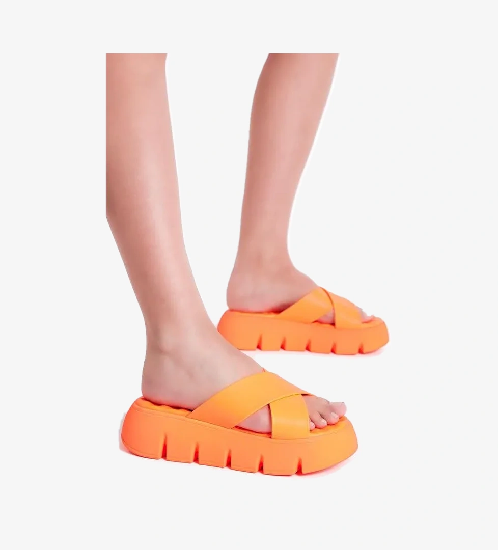 Kadın Oranj Çapraz Bantlı Yüksek Taban Terlik - Görsel 1