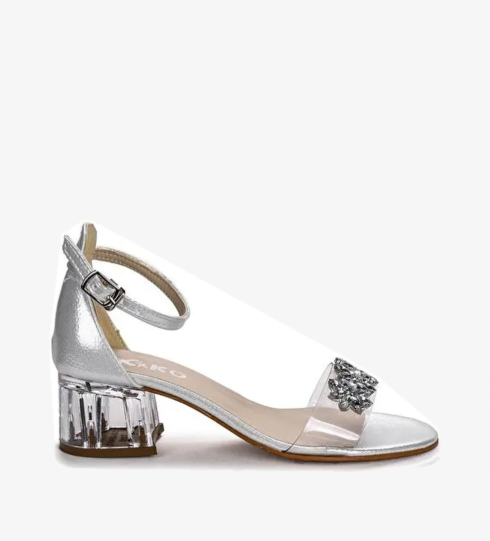 Yangu Vakko Taşlı Kız Çocuk 3 Cm Şeffaf Topuklu Sandalet Abiye Ayakkabı