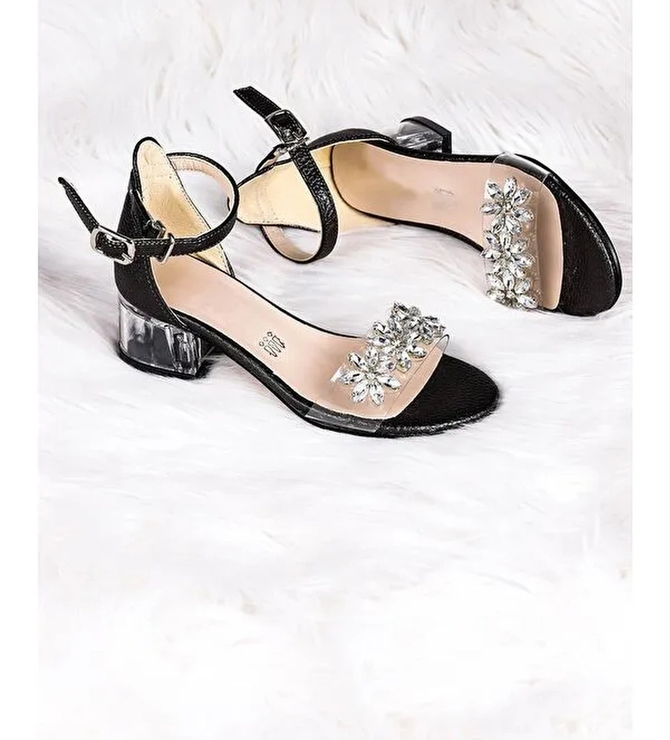 Yangu Vakko Taşlı Kız Çocuk 3 Cm Şeffaf Topuklu Sandalet Abiye Ayakkabı - Görsel 1