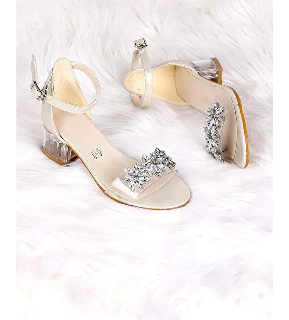 Yangu Vakko Taşlı Kız Çocuk 3 Cm Şeffaf Topuklu Sandalet Abiye Ayakkabı